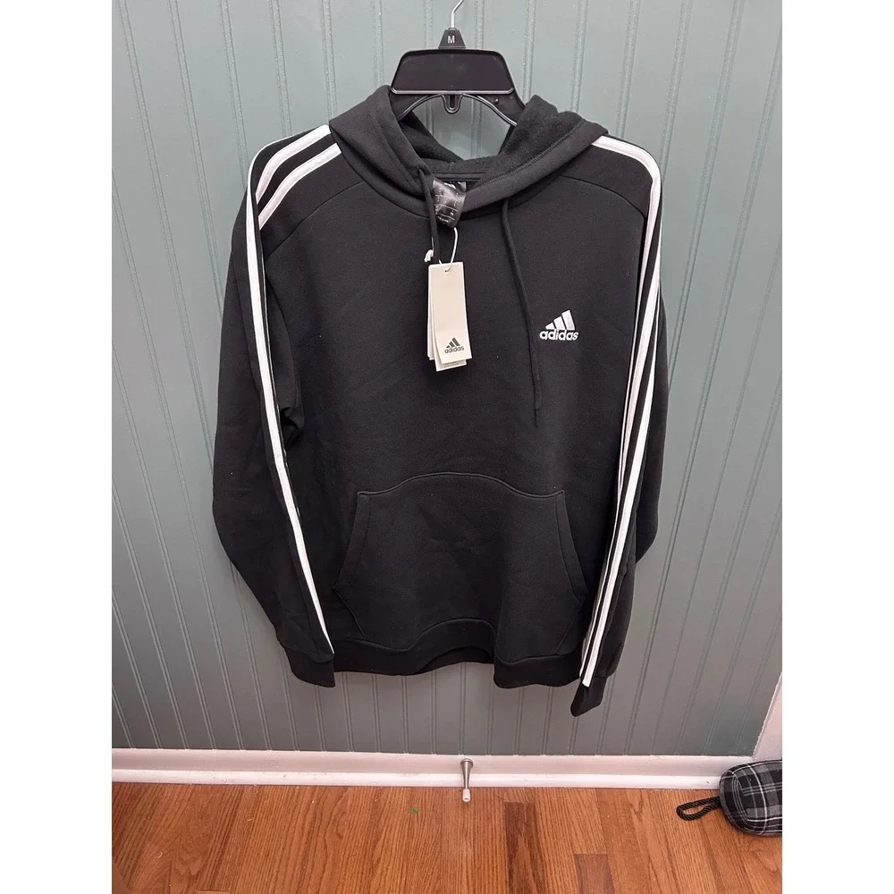 Adidas Mens Black 3 Stripe Hoodie Sweatshirt Size L